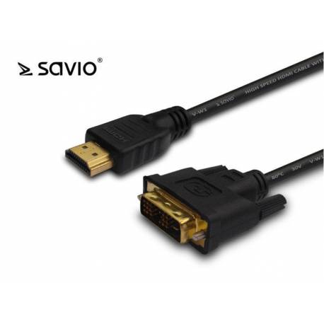 Kabel HDMI Savio CL-10 19pin męski, DVI-D 18+1 męski 1,5m, czarny, zło