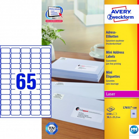 Etykiety samoprzylepne A4, adresowe etykiety wysyłkowe Avery Zweckform, 100 ark, 38,1x21,2mm, białe