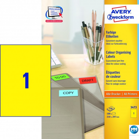 Etykiety samoprzylepne, kolorowe naklejki papierowe Avery Zweckform, 100 ark, 210x297mm, żółte