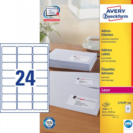 Etykiety samoprzylepne A4, adresowe etykiety wysyłkowe Avery Zweckform, 100 ark, 63,5x33,9mm, białe