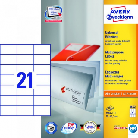 Etykiety samoprzylepne A4, adresowe etykiety wysyłkowe Avery Zweckform, 100 ark, 70x42,3mm, białe