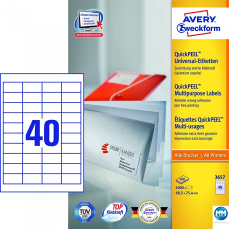 Etykiety samoprzylepne A4, adresowe etykiety wysyłkowe Avery Zweckform, 100 ark, 48,5x25,4mm, białe