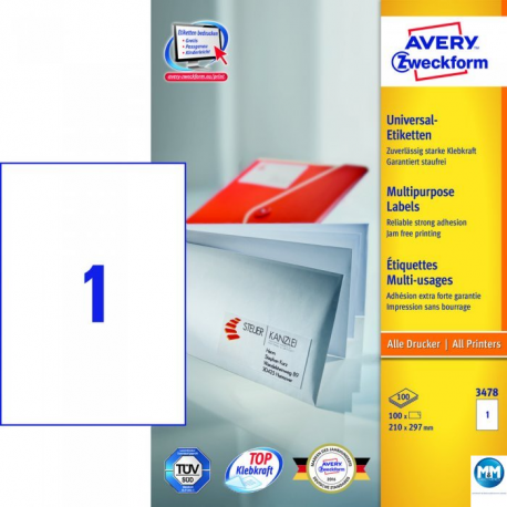 Etykiety samoprzylepne A4, adresowe etykiety wysyłkowe Avery Zweckform, 100 ark, 210x297mm, białe