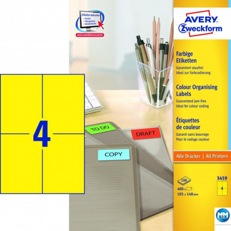 Etykiety samoprzylepne, kolorowe naklejki papierowe Avery Zweckform, 100 ark, 105x148mm, żółte