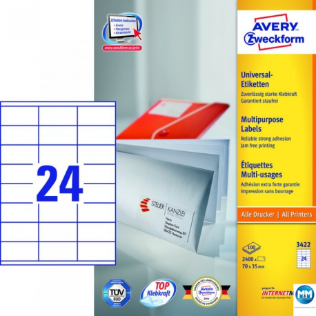 Etykiety samoprzylepne A4, adresowe etykiety wysyłkowe Avery Zweckform, 100 ark, 70x35mm, białe