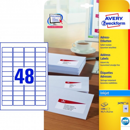 Etykiety samoprzylepne A4, adresowe etykiety wysyłkowe Avery Zweckform, 25 ark, 45,7 x21,2mm, białe