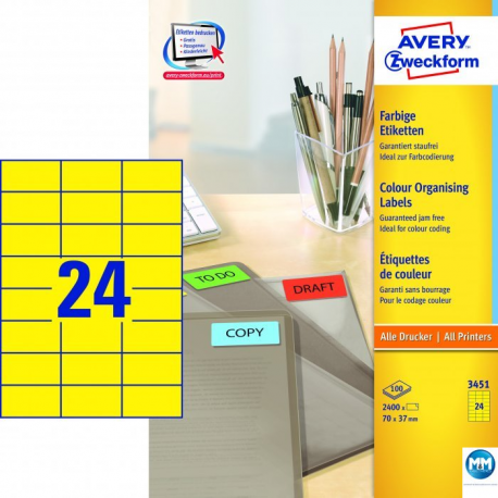 Etykiety samoprzylepne, kolorowe naklejki papierowe Avery Zweckform, 100 ark, 70x37mm, żółte