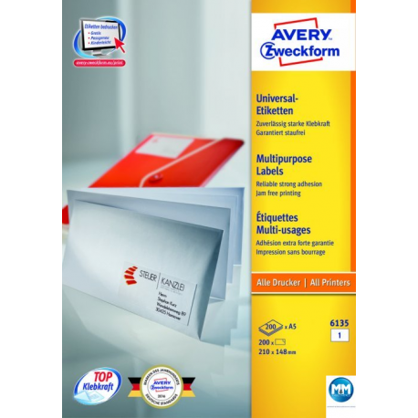 Etykiety samoprzylepne, naklejki papierowe, Avery Zweckform, 210x148mm, A5, białe
