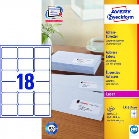 Etykiety samoprzylepne A4, adresowe etykiety wysyłkowe Avery Zweckform, 100 ark, 63,5x46,6mm, białe