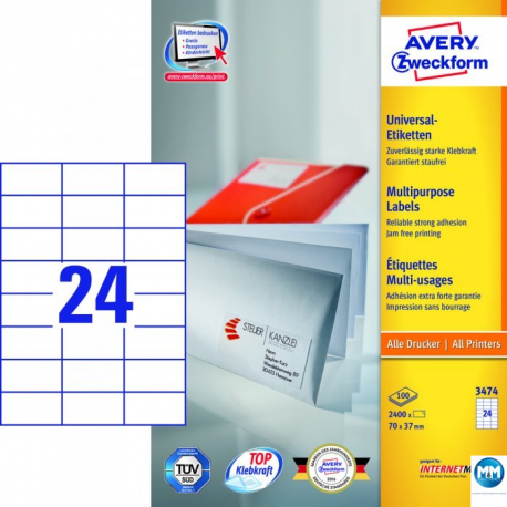Etykiety samoprzylepne A4, adresowe etykiety wysyłkowe Avery Zweckform, 100 ark, 70x37mm, białe