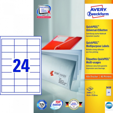 Etykiety samoprzylepne A4, adresowe etykiety wysyłkowe Avery Zweckform, 100 ark, 64,6x33,8mm, białe