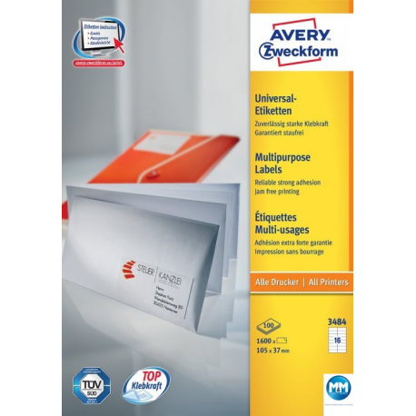 Etykiety samoprzylepne A4, adresowe etykiety wysyłkowe Avery Zweckform, 100 ark, 105x37mm, białe