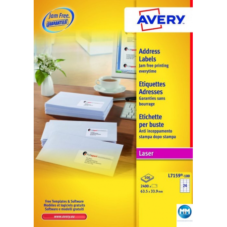 Etykiety samoprzylepne A4, adresowe etykiety wysyłkowe Avery Zweckform, 100 ark, 63,5x38,1mm, białe