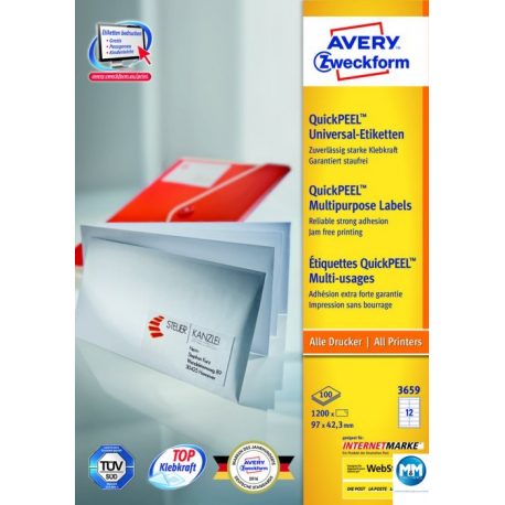 Etykiety samoprzylepne A4, adresowe etykiety wysyłkowe Avery Zweckform, 100 ark, 97x42,3mm, białe