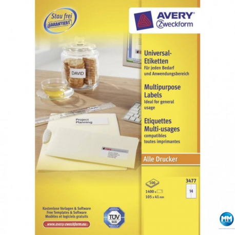 Etykiety samoprzylepne A4, adresowe etykiety wysyłkowe Avery Zweckform, 100 ark, 105x41mm, białe
