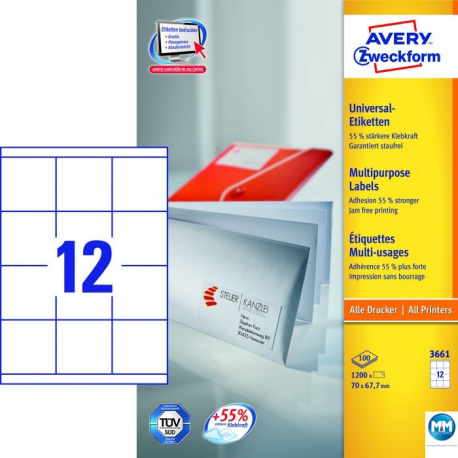 Etykiety samoprzylepne A4, adresowe etykiety wysyłkowe Avery Zweckform, 100 ark, 70x67,7mm, białe