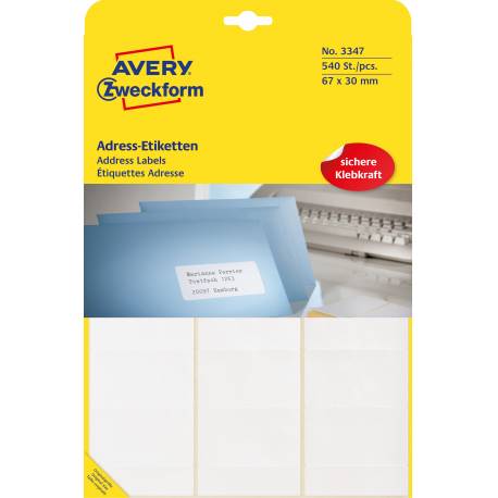 Etykiety samoprzylepne A4, adresowe etykiety wysyłkowe Avery Zweckform, 540 etykiet, 67x30 mm, białe