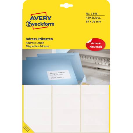 Etykiety samoprzylepne A4, adresowe etykiety wysyłkowe Avery Zweckform, 420 etykiet, 67x38 mm, białe