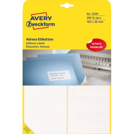 Etykiety samoprzylepne A4, adresowe etykiety wysyłkowe Avery Zweckform, 280 etykiet, 102x38 mm, białe