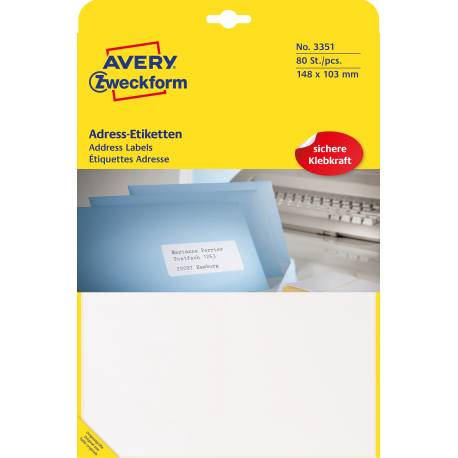 Etykiety samoprzylepne A4, adresowe etykiety wysyłkowe Avery Zweckform, 80 etykiet, 148x103 mm, białe