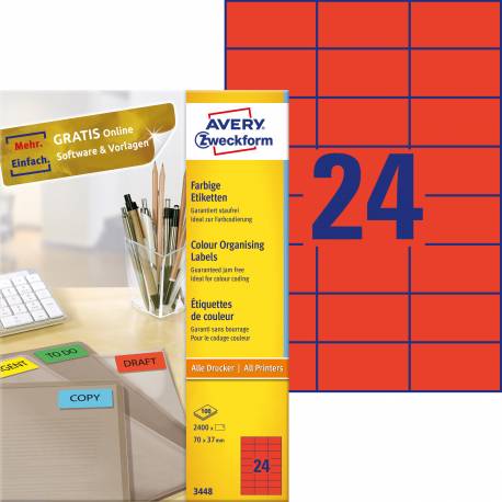 Etykiety samoprzylepne, kolorowe naklejki papierowe Avery Zweckform, 100 ark, 70x37 mm, czerwone