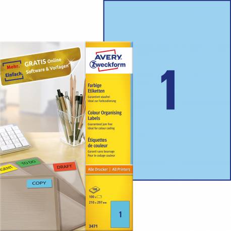 Etykiety samoprzylepne, kolorowe naklejki papierowe Avery Zweckform, 100 ark, 210x297 mm, niebieskie