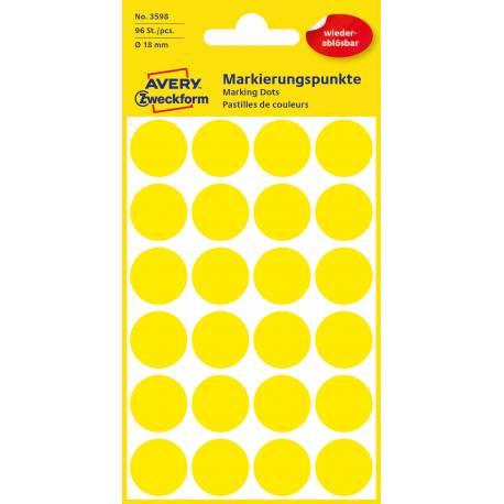 Usuwalne Etykiety Avery Zweckfrom, kółka samoprzylepne, 24 etykiet, Ø18 mm, żółte