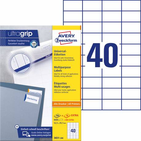 Etykiety samoprzylepne A4, adresowe etykiety wysyłkowe Avery Zweckform, 200 ark, 52,5x29,7 mm, białe