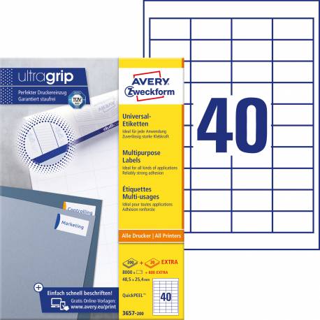Etykiety samoprzylepne A4, adresowe etykiety wysyłkowe Avery Zweckform, 200 ark, 48,5x25,4 mm, białe
