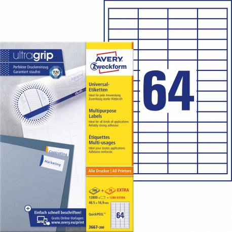 Etykiety samoprzylepne A4, adresowe etykiety wysyłkowe Avery Zweckform, 200 ark, 48,5x16,9 mm, białe