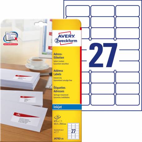 Etykiety samoprzylepne A4, adresowe etykiety wysyłkowe Avery Zweckform, 25 ark, 63,5x29,6 mm, białe