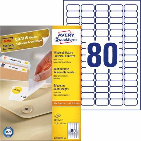 Etykiety samoprzylepne A4, usuwalne etykiety adresowe Avery Zweckform, 100 ark, 35,6x16,9 mm, białe