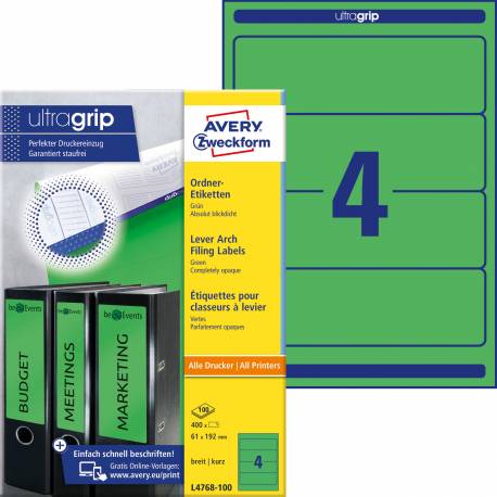 Etykiety samoprzylepne, naklejki papierowe na segregator, 100 ark, 192x61 mm, zielone