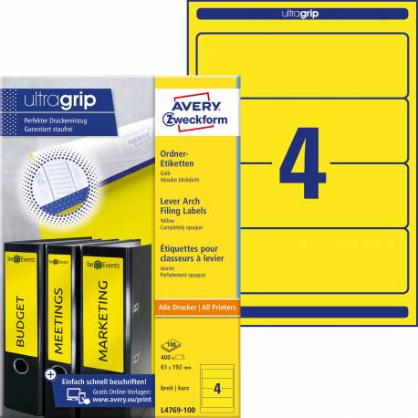 Etykiety samoprzylepne, naklejki papierowe na segregator, 100 ark, 192x61 mm, żółte