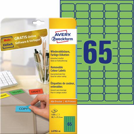 Etykiety samoprzylepne, kolorowe naklejki, usuwalne Avery Zweckform, 20 ark, 38,1x21,2 mm, zielone