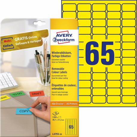 Etykiety samoprzylepne, kolorowe naklejki, usuwalne Avery Zweckform, 20 ark, 38,1x21,2 mm, żółte