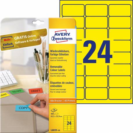 Etykiety samoprzylepne, kolorowe naklejki, usuwalne Avery Zweckform, 20 ark, 63,5x33,9 mm, żółte