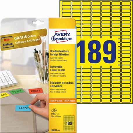 Etykiety samoprzylepne, kolorowe naklejki, usuwalne Avery Zweckform, 20 ark, 25,4x10 mm, żółte