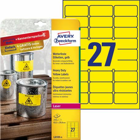 Etykiety samoprzylepne A4, foliowe etykiety Avery Zweckform Heavy Duty, 8 ark, 63,5x29,6 mm, żółte