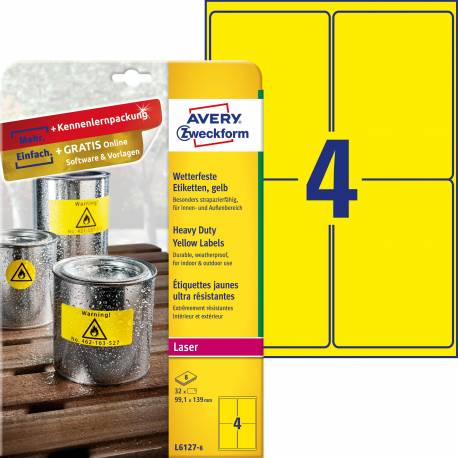 Etykiety samoprzylepne A4, foliowe etykiety Avery Zweckform Heavy Duty, 8 ark, 99,1x139 mm, żółte