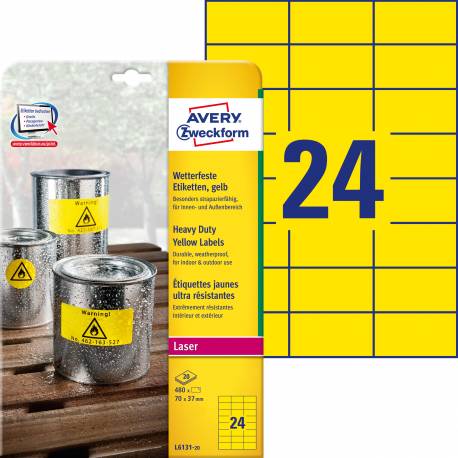 Etykiety samoprzylepne A4, foliowe etykiety Avery Zweckform Heavy Duty, 20 ark, 70x37 mm, żółte