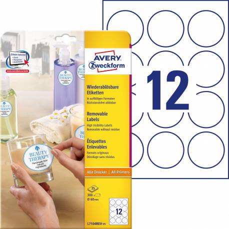 Etykiety samoprzylepne, etykiety okrągłe na słoiki i butelki, Avery Zweckform, 25 ark, Ø60 mm, białe
