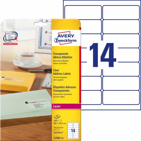 Etykiety samoprzylepne A4, adresowe etykiety wysyłkowe Avery Zweckform, 25 ark, 99,1x38,1 mm, przezroczyste