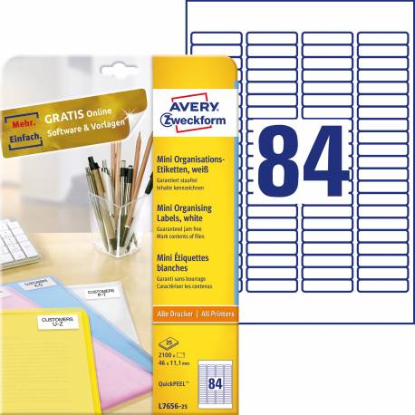 Etykiety samoprzylepne A4, adresowe etykiety wysyłkowe Avery Zweckform, 25 ark, 46x11,1 mm, białe