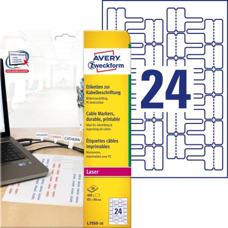 Etykiety samoprzylepne, etykiety na kable, Avery Zweckform, A4, 20 ark, 60x40 mm, białe