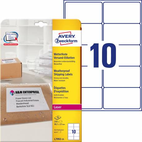 Etykiety samoprzylepne A4, foliowe etykiety wysyłkowe Avery Zweckform, 25 ark, 99,1x57 mm, białe