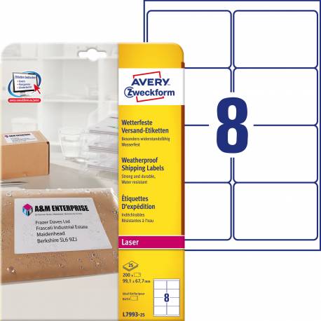 Etykiety samoprzylepne A4, foliowe etykiety wysyłkowe Avery Zweckform, 25 ark, 99,1x67,7 mm, białe