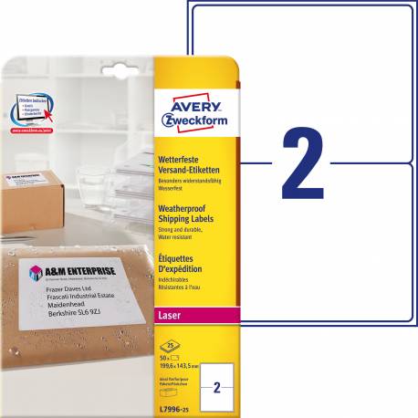 Etykiety samoprzylepne A4, foliowe etykiety wysyłkowe Avery Zweckform, 25 ark, 199,6x143,5 mm, białe