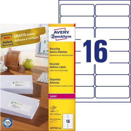 Recyklingowane etykiety adresowe, A4, 100 ark, 99,1x33,9 mm, białe etykiety Avery Zweckform