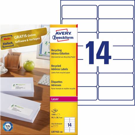 Recyklingowane etykiety adresowe, A4, 100 ark, 99,1x38,1 mm, białe etykiety Avery Zweckform